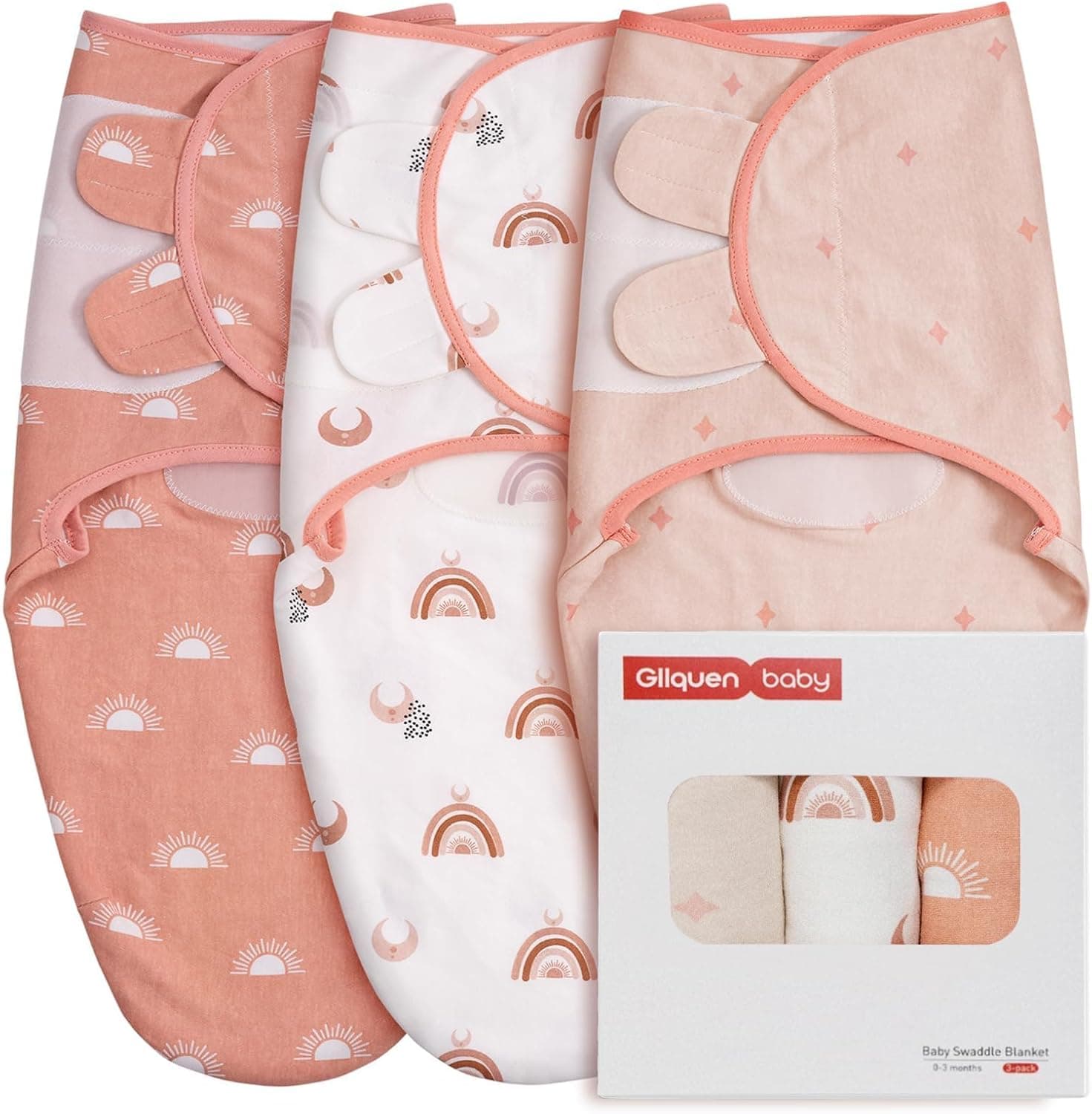 GLLQUEN BABY 3-Pack Organic Swaddle Sleep Sacks for Newborn, Rainbow & Sun (Small/Medium)
