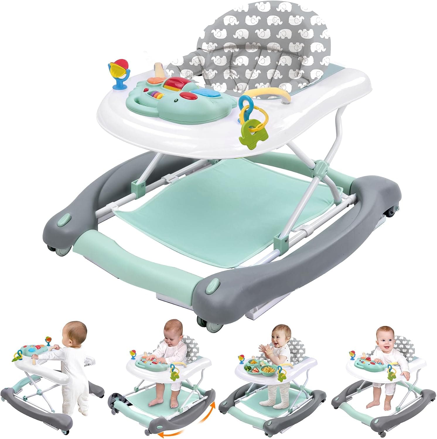 Foldable Baby 5-in-1 Activity Walker - Rocker, Activity Center, Bouncer, Push Walker (Mint Green)