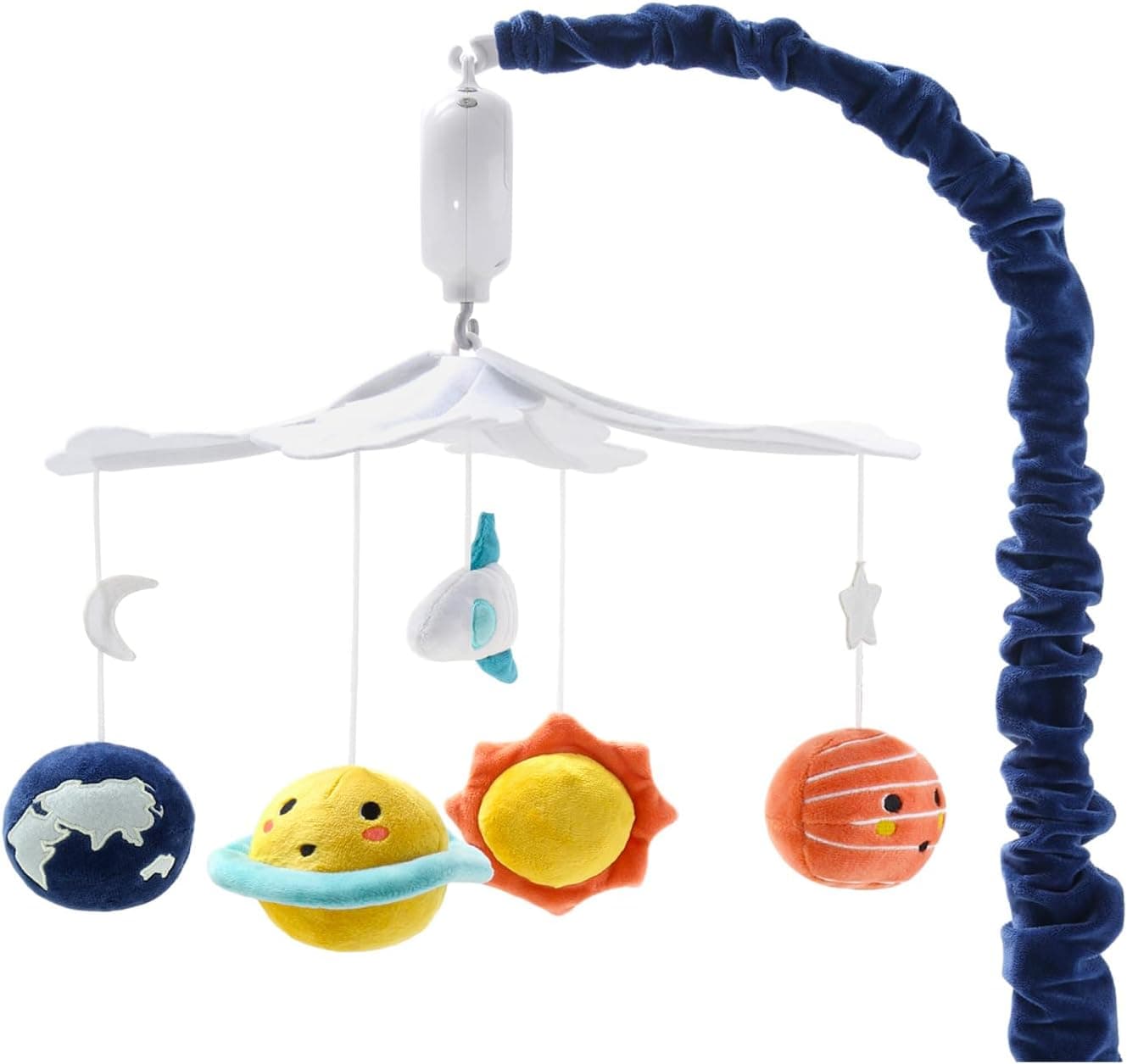 The Peanutshell Crib Mobile for Boys or Girls - White and Dark Blue Musical Baby Crib Mobile with 12 Lullabies, Planets Space Nursery Decor
