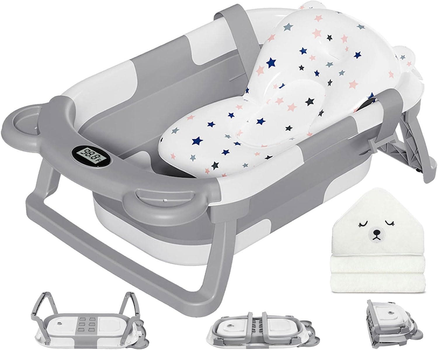 MoreFeel Collapsible Baby Bathtub with Thermometer, Hooded Towel & Floating Cushion