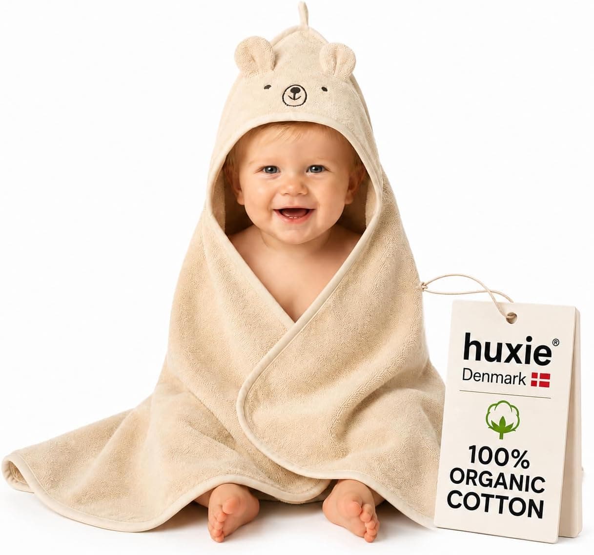 Huxie Hooded Baby Towel - 100% Organic Cotton Baby Bath Towels, Newborn Essentials, Super-Soft and Absorbent (Bear Fog)