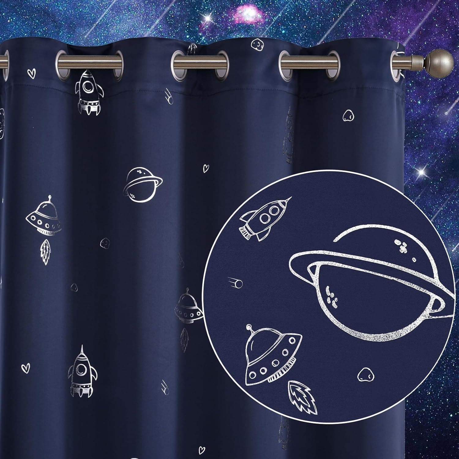 Vangao Navy Blue Kids Curtains Space Theme Blackout Curtains for Kids Nursery, 63 Inches Length, Silver Foil Print Grommet Top, Set 2 Panels