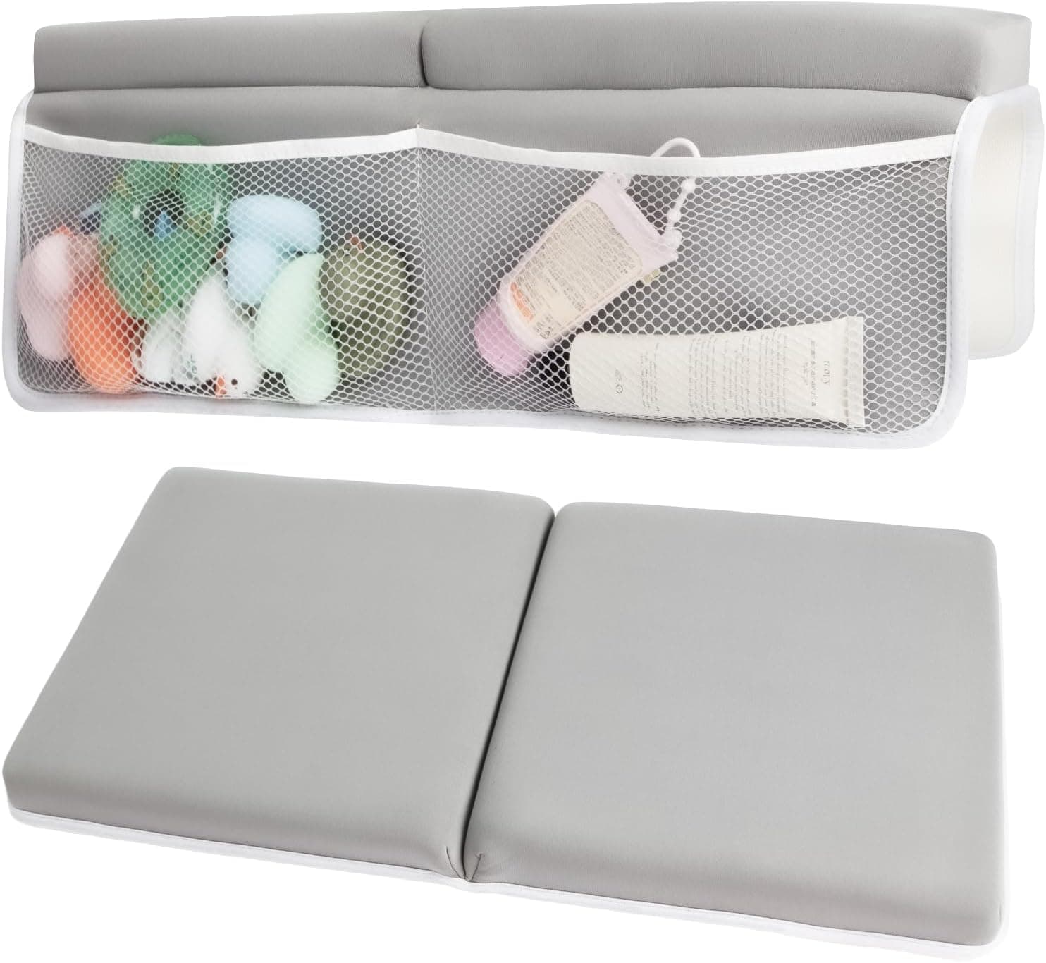 CHILDHOOD Bath Kneeler and Elbow Rest Pad Set - Painless Foam with Toy Organizer Pockets, Foldable, Quickly Dry (Grey)