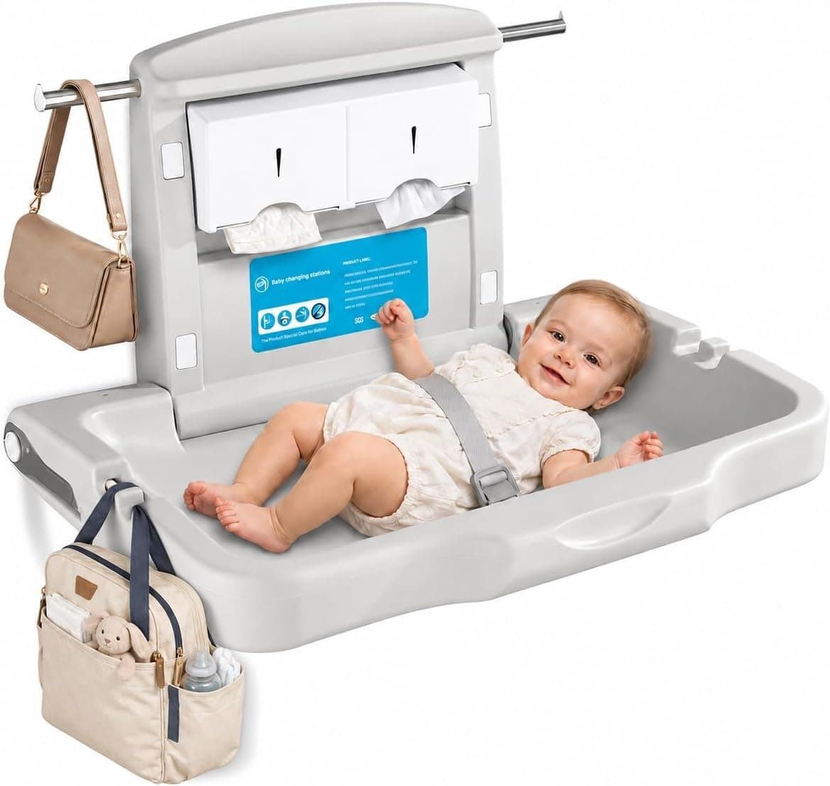 modunful Wall Mounted Baby Changing Station, Horizontal Foldable Diaper Table with Safety Strap, ADA