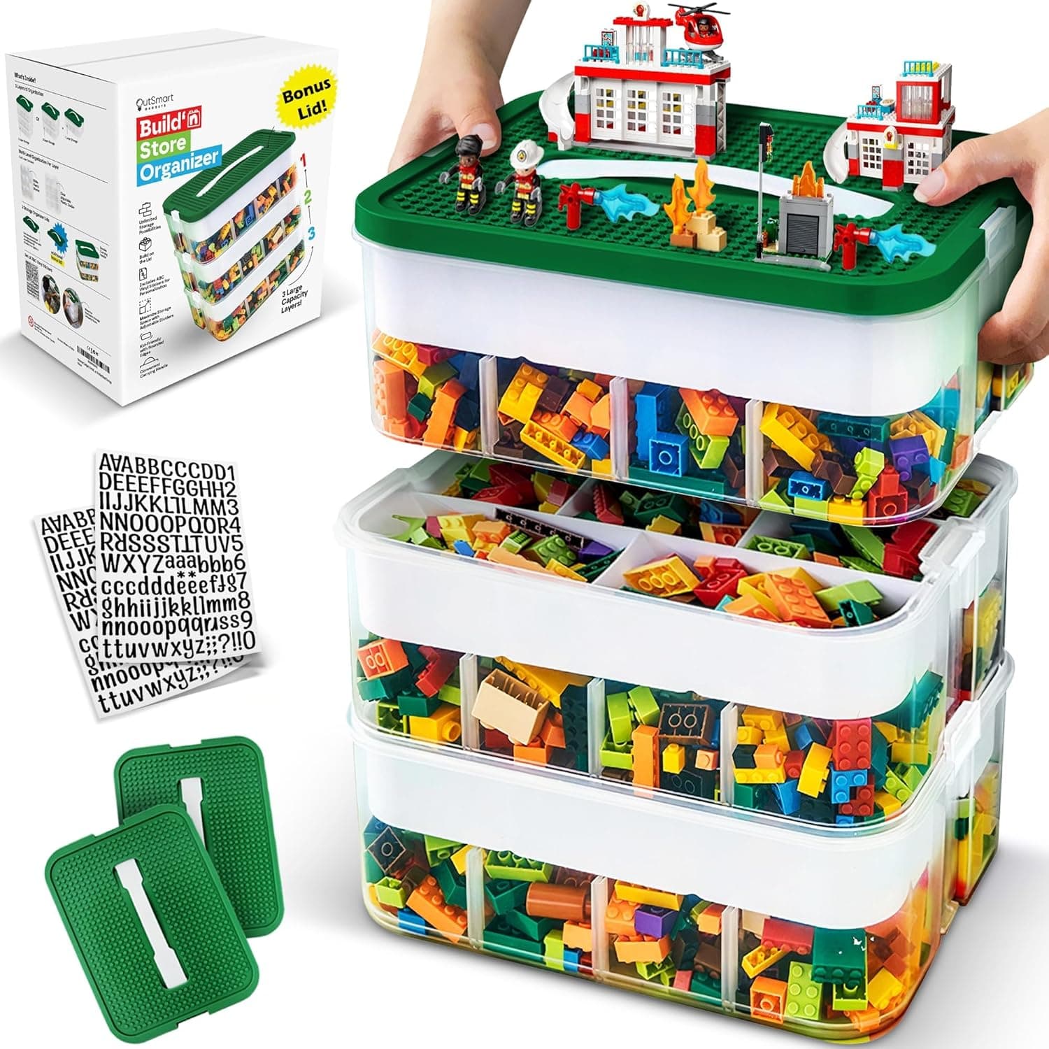 Outsmart Gadgets Stackable Toy Storage Organizer Bin, Build on Lid, 3 Layer Adjustable Compartments