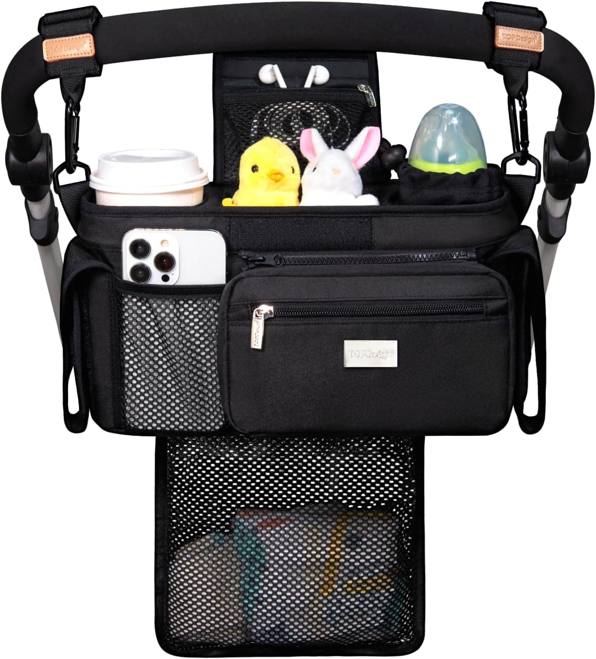 TOPDesign Universal Baby Stroller Organizer, Stroller Caddy with Detachable Mesh Bag & Insulated Cup Holders (Black)