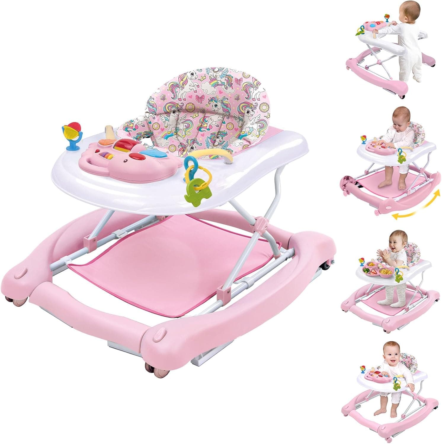 5 in 1 Foldable Baby Walker, Bouncer, Rocker, Detachable Trampoline Mat (Pink)
