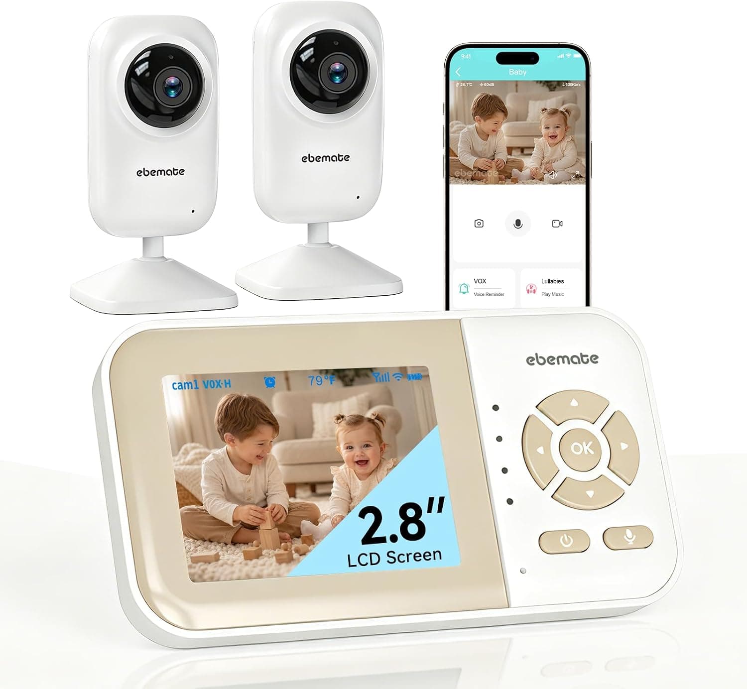 ebemate Video Baby Monitor with 2 Cameras, 1200FT Range, No-Glow Night Vision, 2.8" LCD Screen