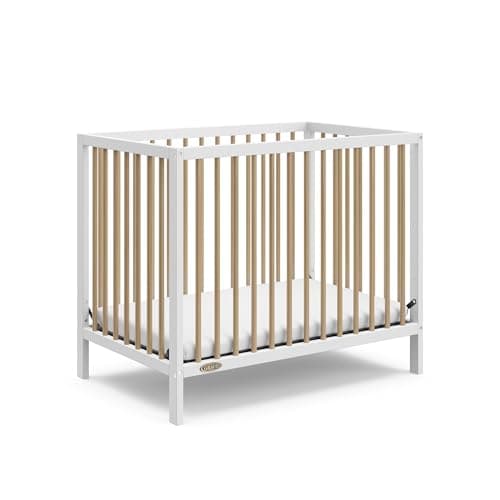 Graco Teddi 4-in-1 Convertible Mini Crib with Bonus Water-Resistant Mattress (White/Driftwood) - GREENGUARD Gold Certified, 2.75-Inch Mattress Included, Ideal for Small Spaces, Easy 30-Minute Assembly