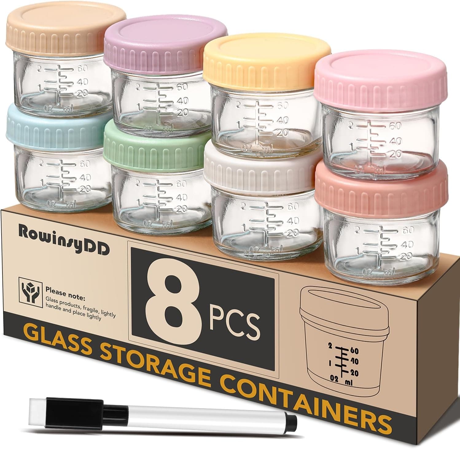 RowinsyDD 8 Pack Glass Baby Food Storage Containers, 2 oz Leakproof Baby Food Jars with Lids, Small Glass Food Containers for Infant Baby, Freezer Safe