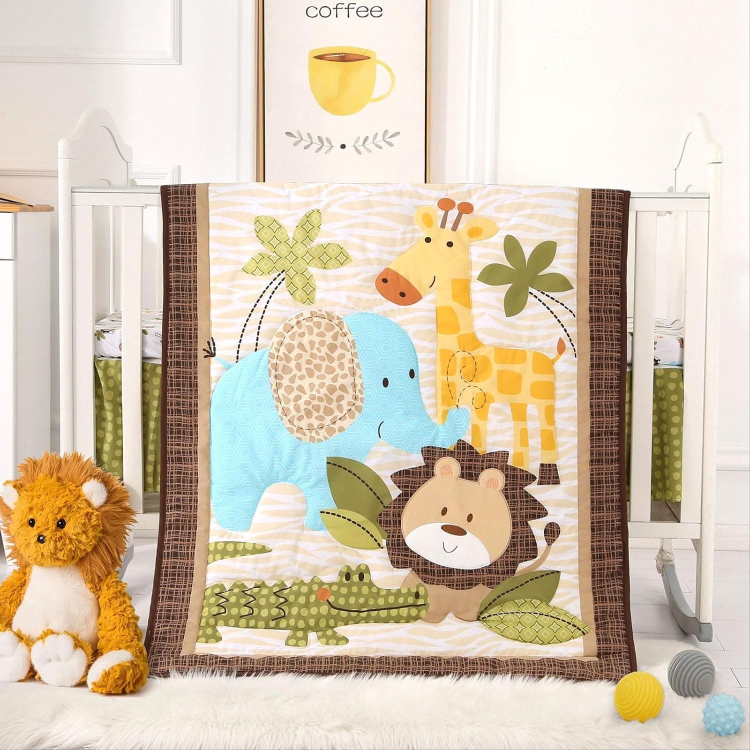 Wowelife Safari Mini Crib Bedding Set Boy 3-Piece Comforter Set, Brown