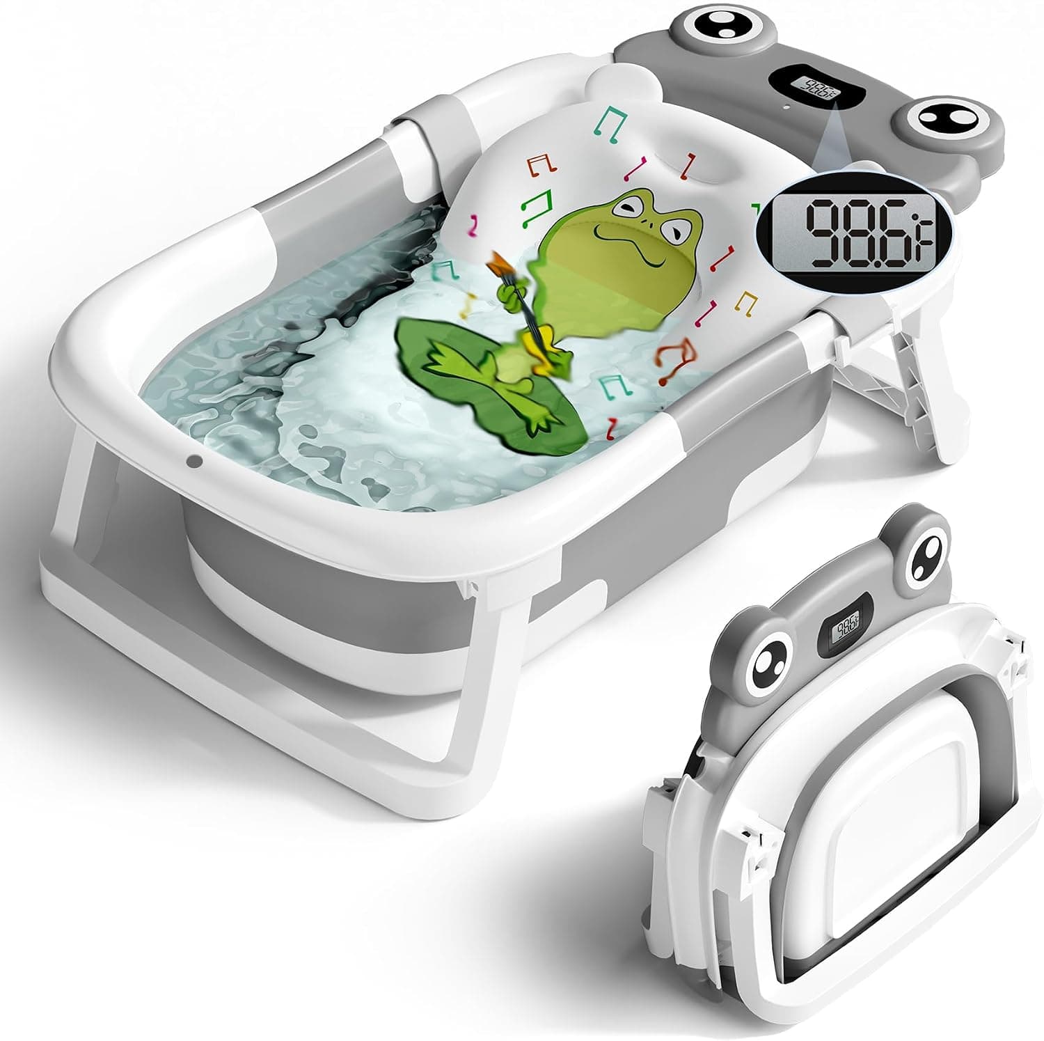 BUNWAG Collapsible Newborn Bathtub with Soft Cushion and Thermometer, No-Slip Feet (Grey)