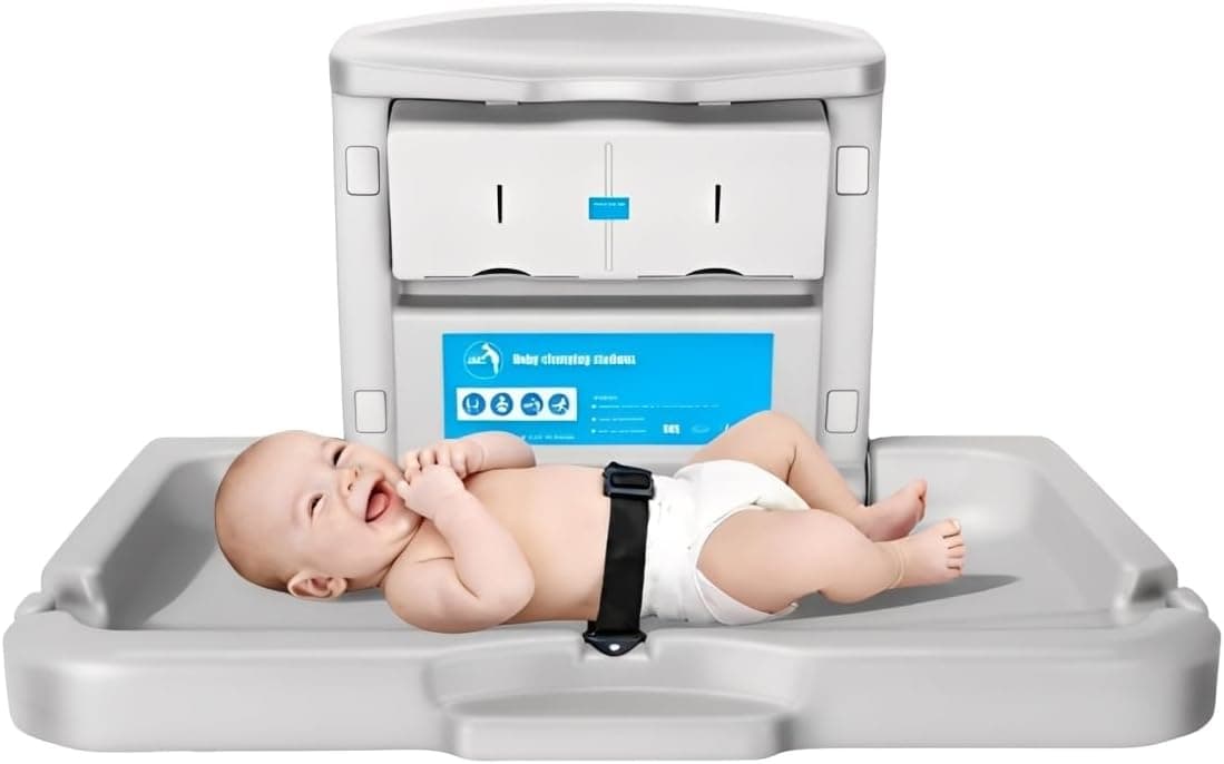 Commercial Baby Changing Station Wall Mounted, Foldable Changing Table with Safety Strap