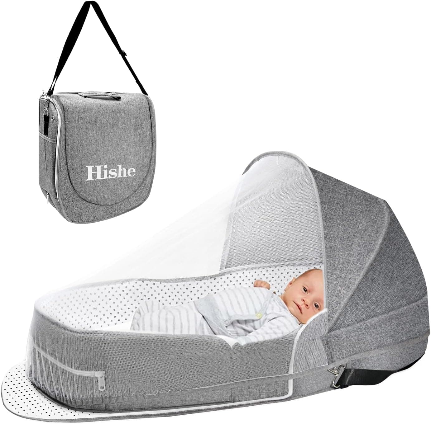 Hishe Baby Travel Bassinet, Foldable Lightweight Travel Pod Infant Bassinet with Mosquito Net and Canopy