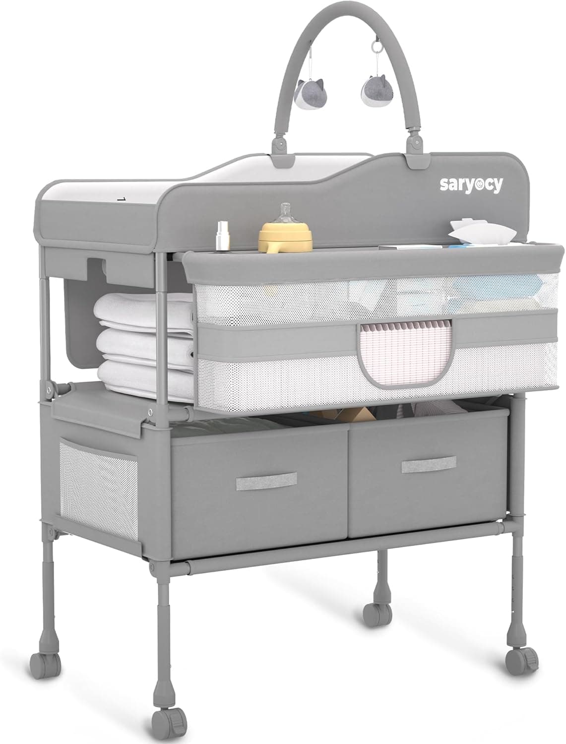 Saryocy Baby Changing Table, Versatile Folding Waterproof Diaper Station, Adjustable Height with 2 Drawers
