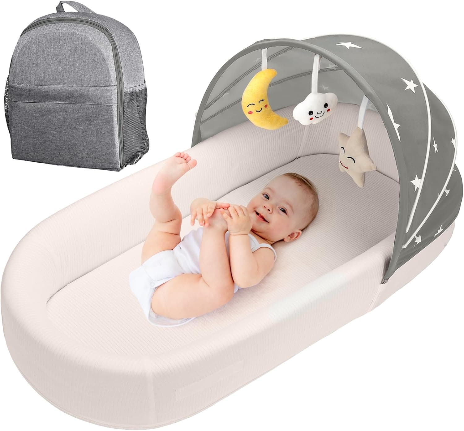 BNAKKON Portable Baby Bassinet, Travel Bassinet for Newborn and Infant, Lightweight Foldable Washable, Grey
