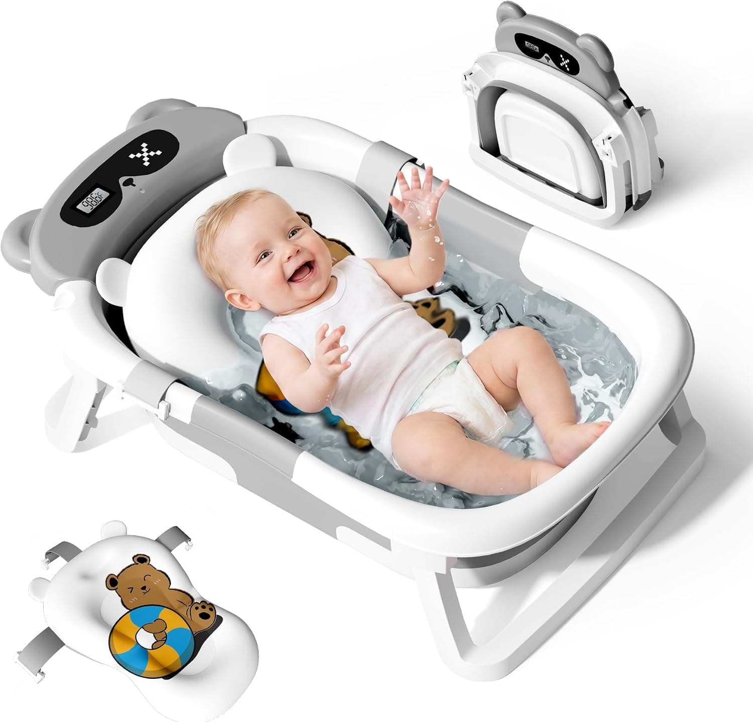 Kerbwry Collapsible Baby Bathtub 0-18 Months, Foldable with Soft Towel (Grey)