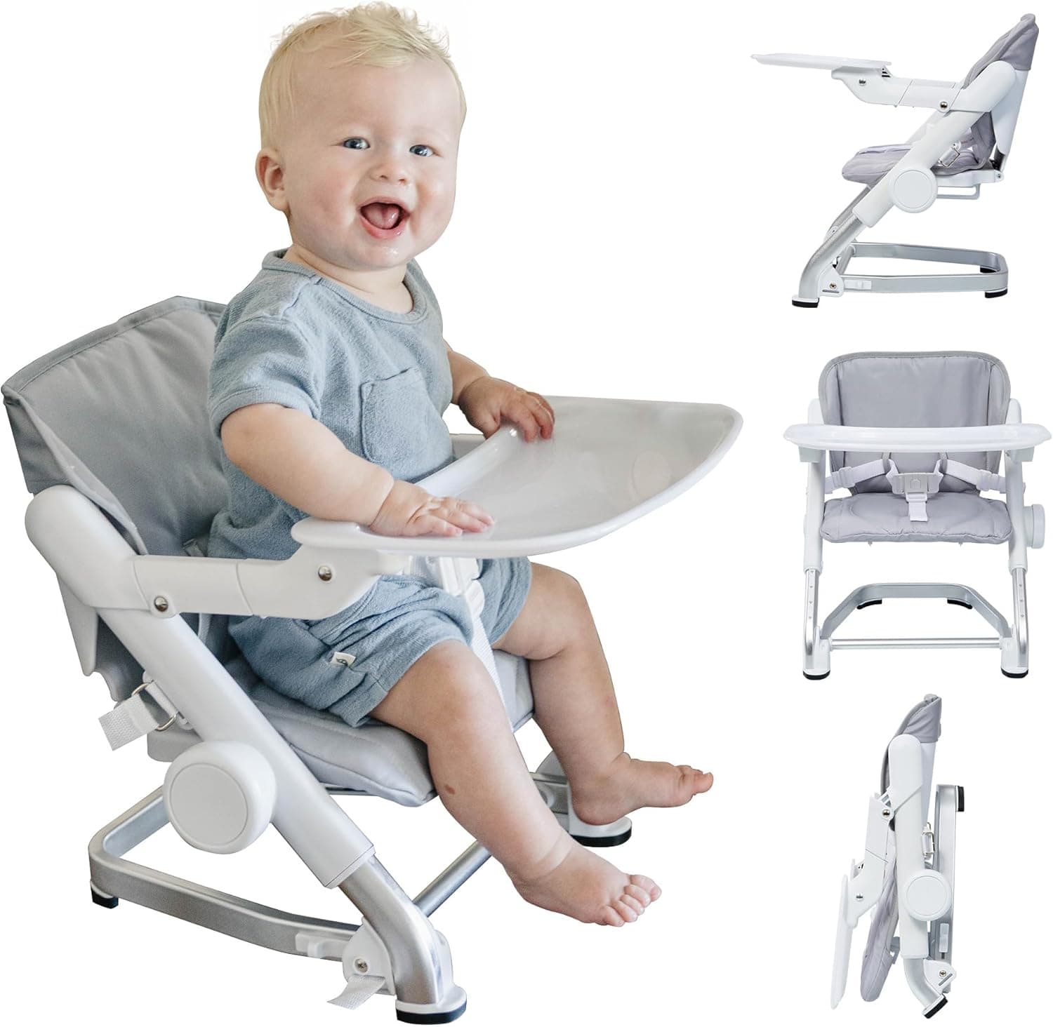 Feed Me Go 3-in-1 Travel High Chair Booster Seat for Infants and Toddlers, Removable Tray (Gray)