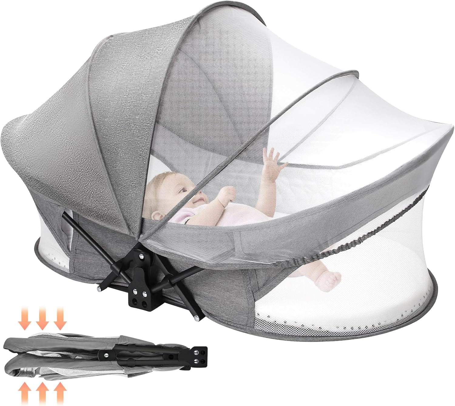 Deeteck Portable Baby Travel Bassinet with Storage Bag, 2-in-1 Mosquito Net & Sunshade Canopy, Washable, Gray