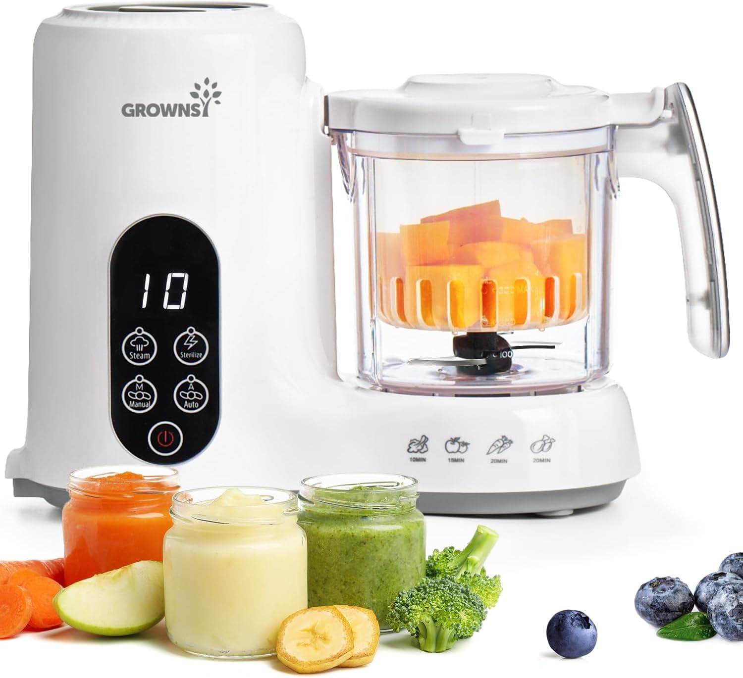 Grownsy Baby Food Maker with Steam Basket, One Step Processor Steamer Puree Blender Grinder (White)