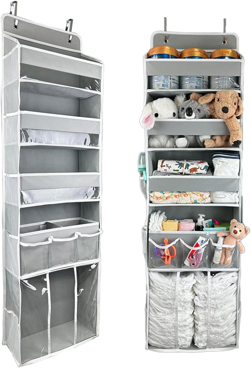 Door Hanging Storage Organizer with 3 Bins, Movable Baby Diaper Caddy, 10 Side Pockets, Grey