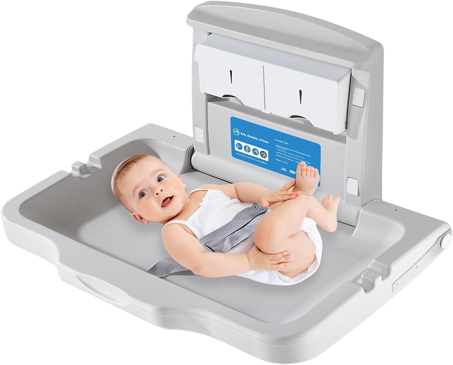 Baby Changing Station Wall Mounted, Fold Down Diaper Table with Safety Strap and Door Sign