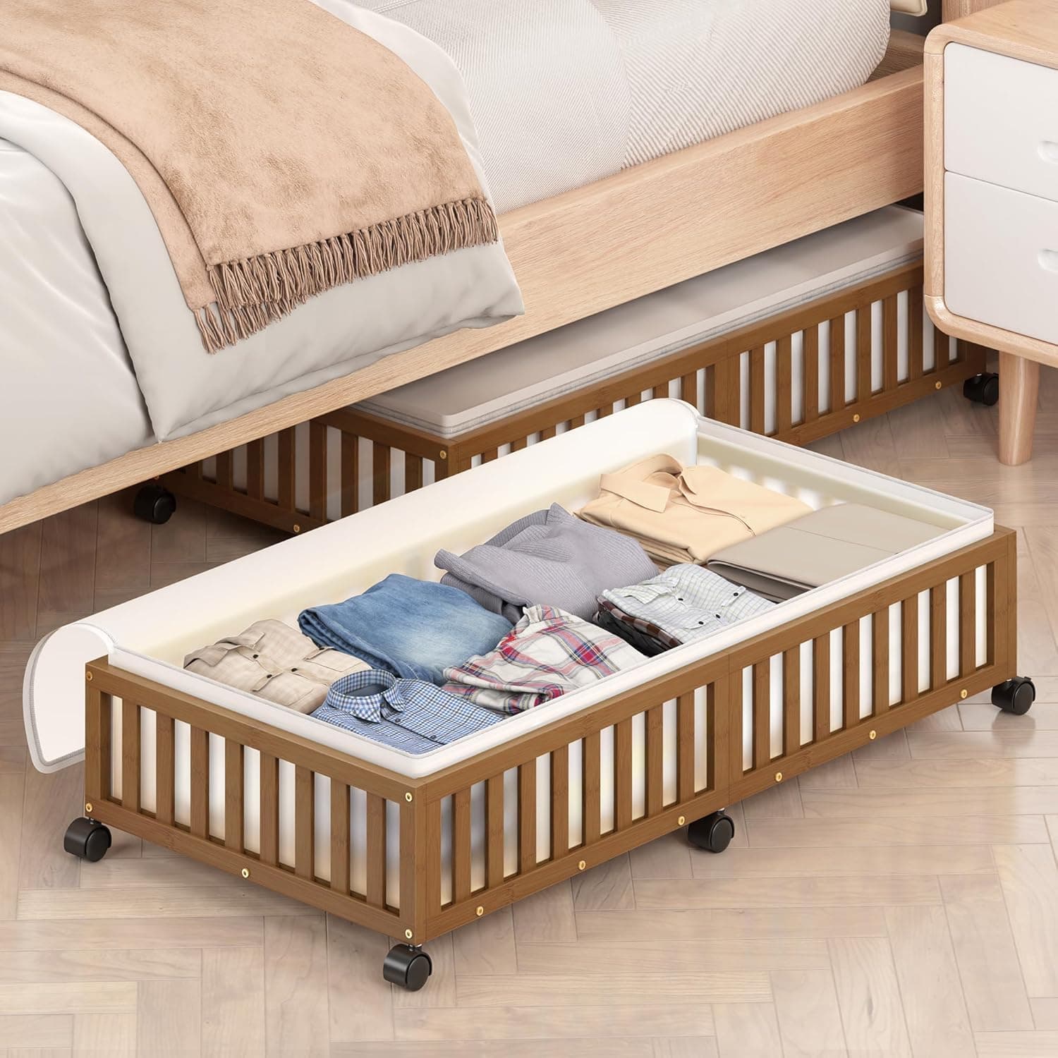 Under Bed Storage Containers with Wheels, 2 Pack Bamboo Rolling Underbed Drawers Organizer (Walnut)