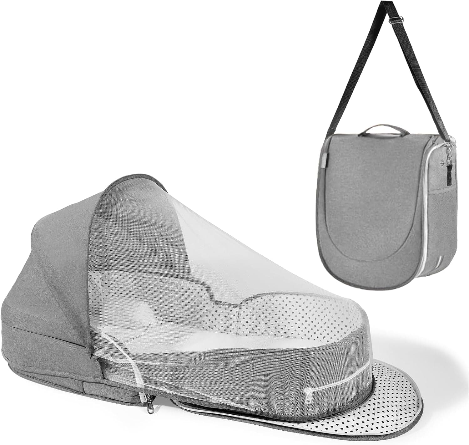 Dr. Pure Portable Baby Bassinet for Travel, Lightweight Foldable Infant Bed for 0-12 Months with 2-in-1 Mosquito Netting and Blackout Curtain