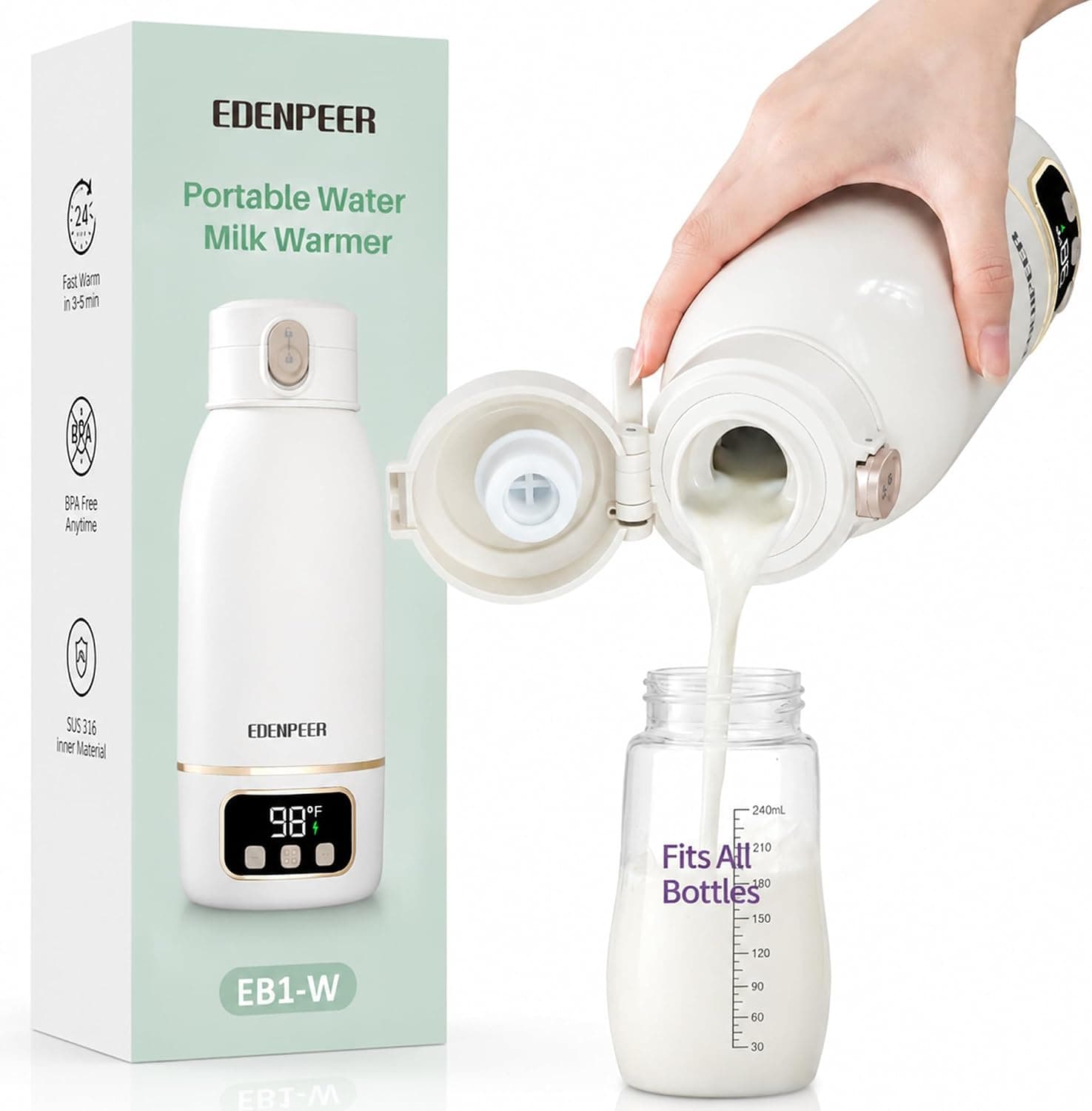 EDENPEER Portable Bottle Warmer for Travel, Precise Temperature Control, 17oz Cordless Leak-Proof