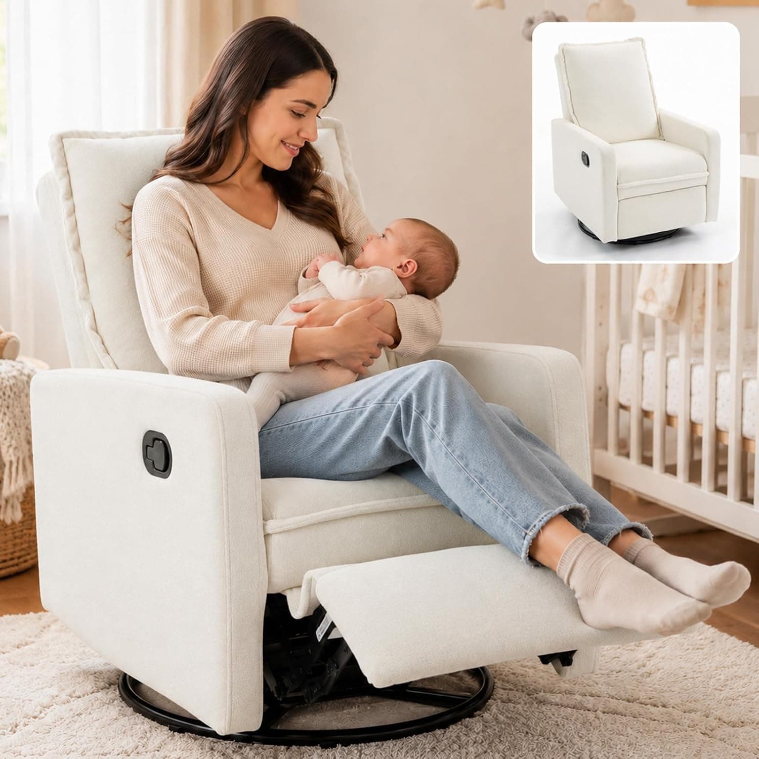 Swivel Glider Chair for Nursery, White Recliner Rocking Chair, Small Recliners for Small Spaces, Extendable Footrest (White)