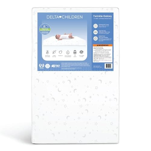 Delta Children Twinkle Galaxy Limited 4-inch Mini Crib Mattress - Premium Sustainably Sourced Fiber Core - Waterproof - GREENGUARD Gold Certified (Non-Toxic) - 5 Year Warranty - Made in USA