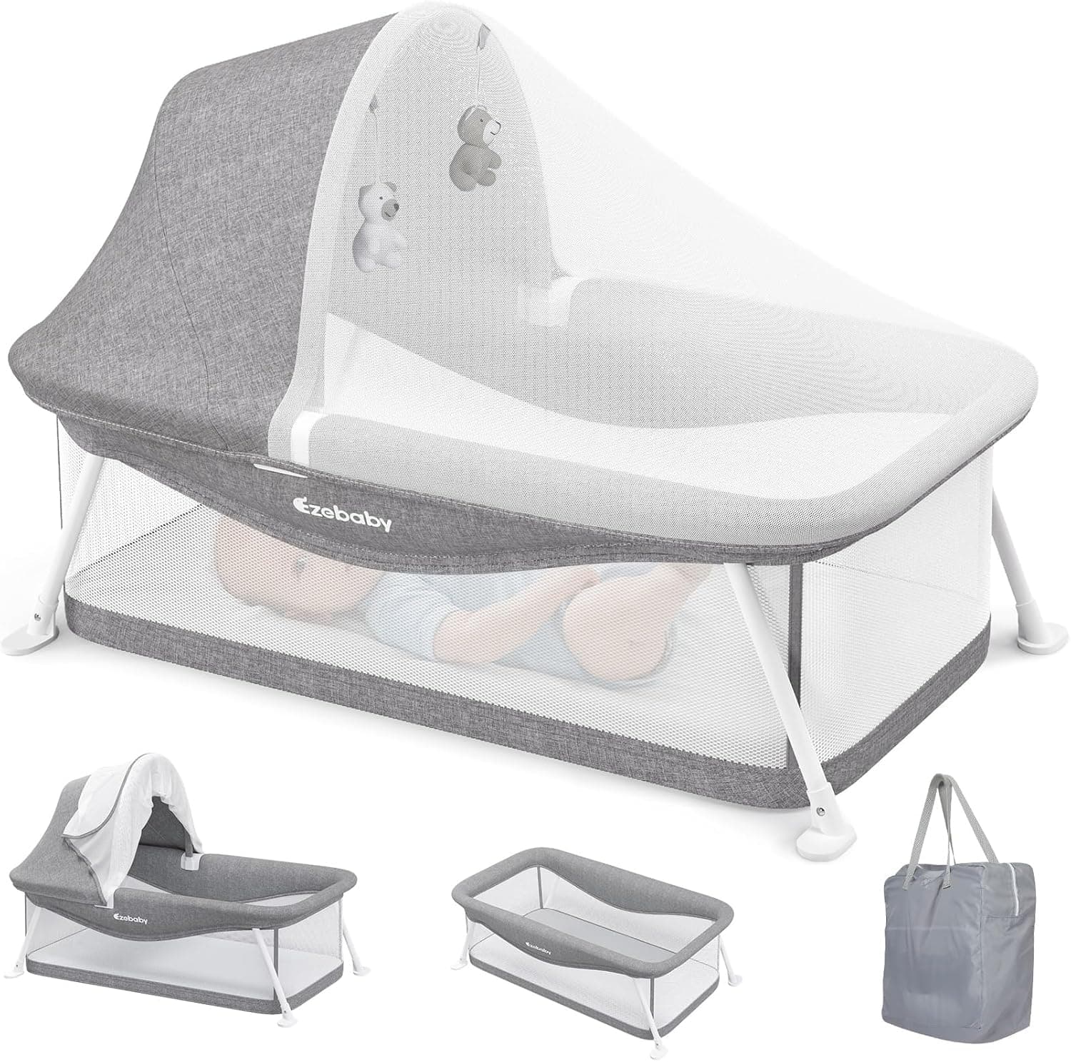 Ezebaby Portable Travel Bassinet for Baby 0-5 Months, Foldable Newborn Bed with Padded Mattress, Canopy, Mosquito Net