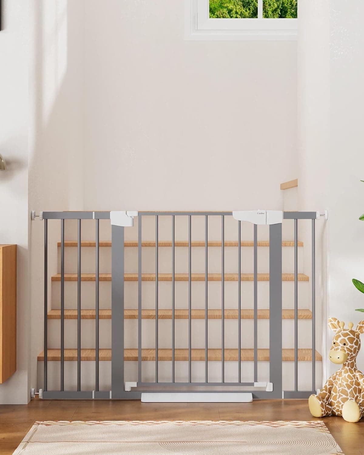 Cumbor 29.7-48" Baby Gate for Stairs, Auto Close Pressure Mounted Child Gate with Walk Thru Door, Gray