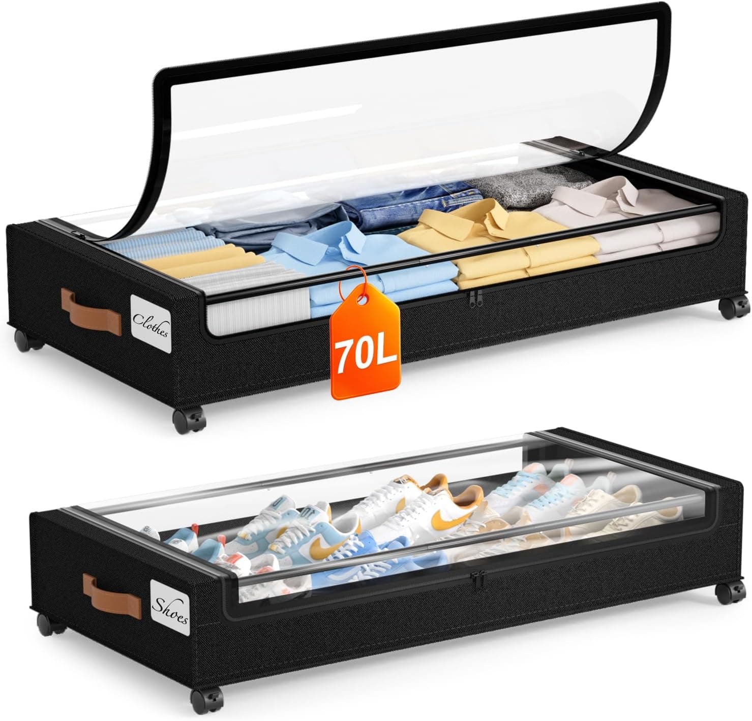 Yecaye Under Bed Storage with Wheels 2Pack, 70L Larger Capacity Rolling Metal Drawers (35.5 x 17 x 6.7in)