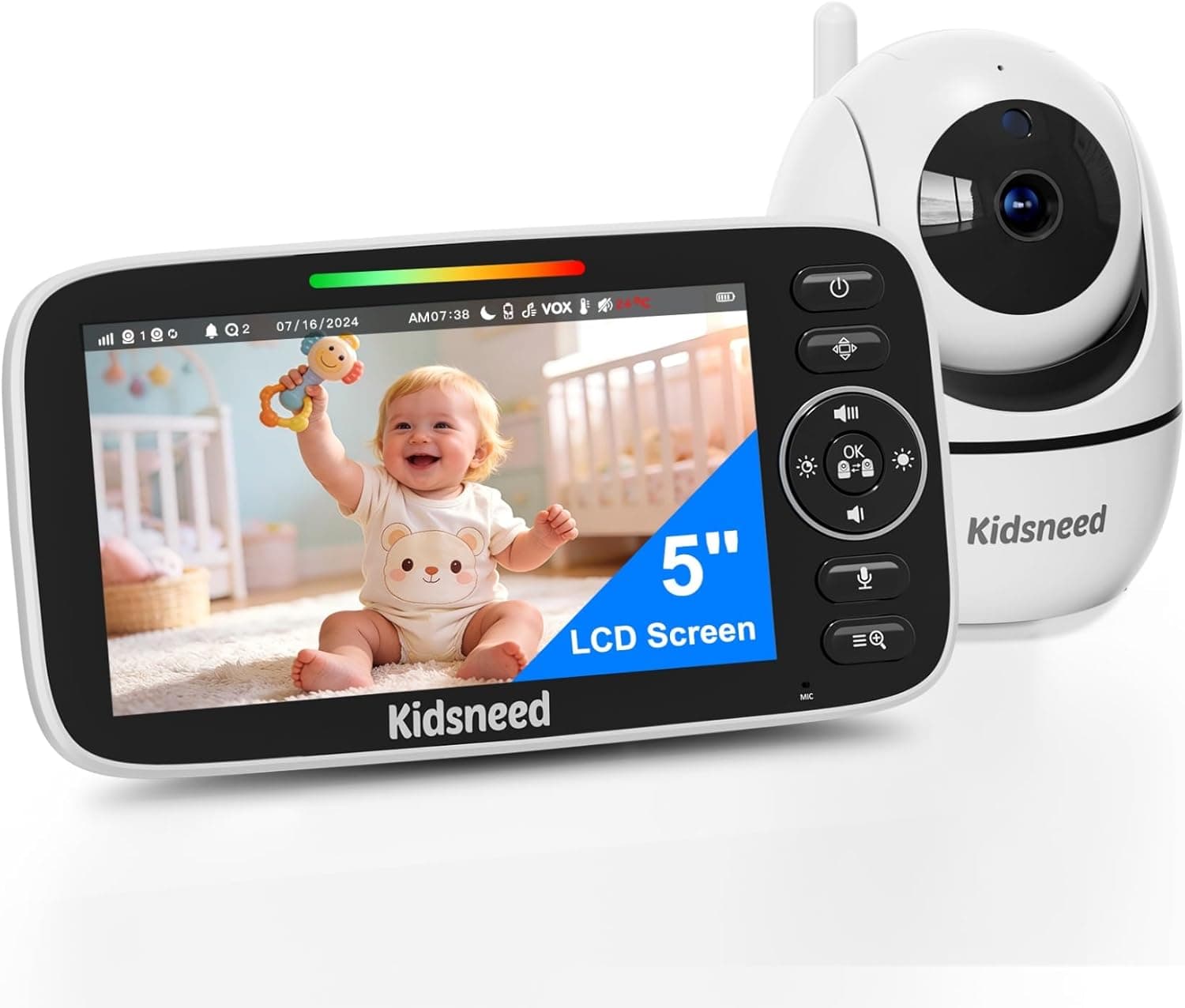 Baby Monitor with Camera and Audio 720P No WiFi, 5" Screen, 48-Hour Battery, Pan Tilt Zoom