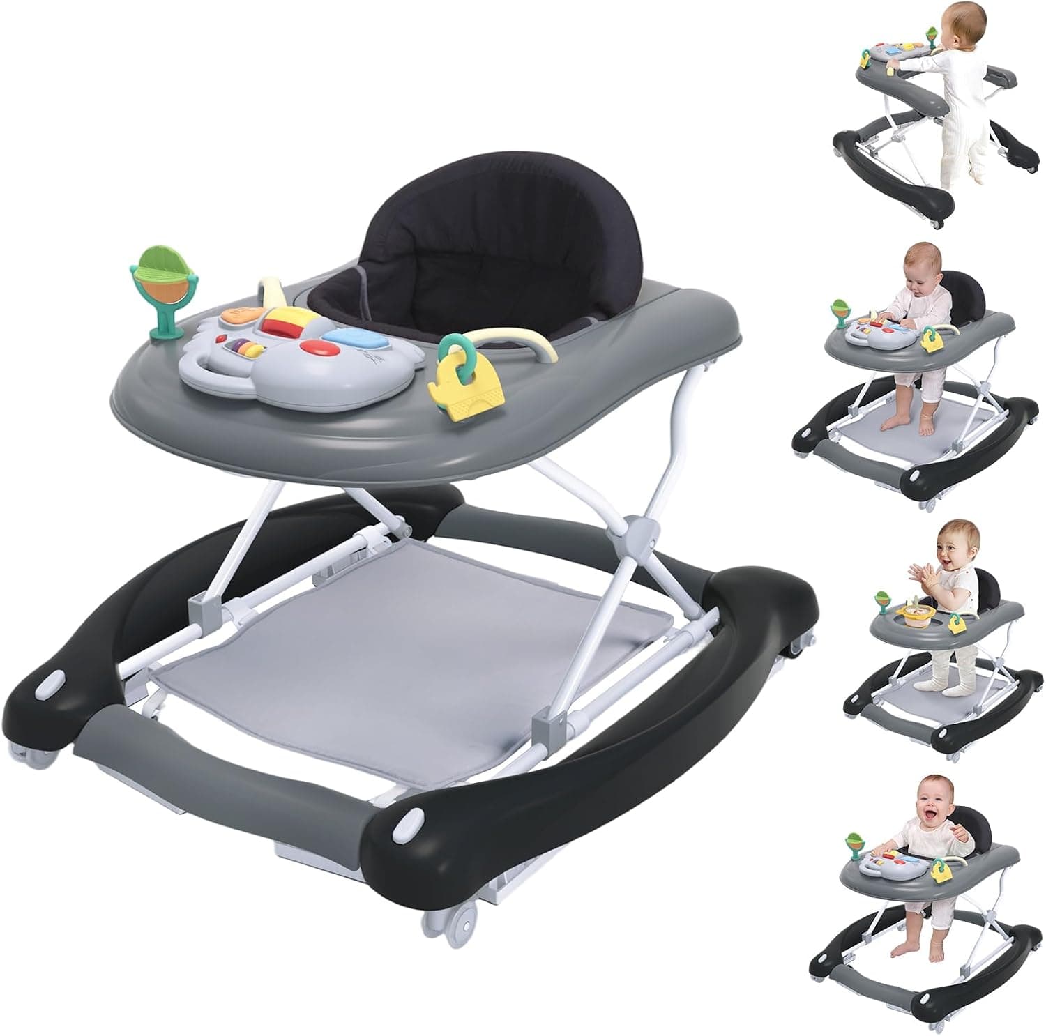 5 in 1 Foldable Baby Walker, Bouncer, Rocker, Detachable Footrest Mat (Black)