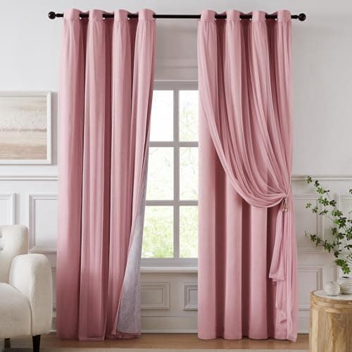 Swandream 100% Blackout Curtains for Bedroom, Double Layer Pink 84" L | Total Black Out Curtains, Thermal Insulated, Light Blocking, Room Darkening, Window Drapes, Décor, 52"W x 84"L, 2 Panels