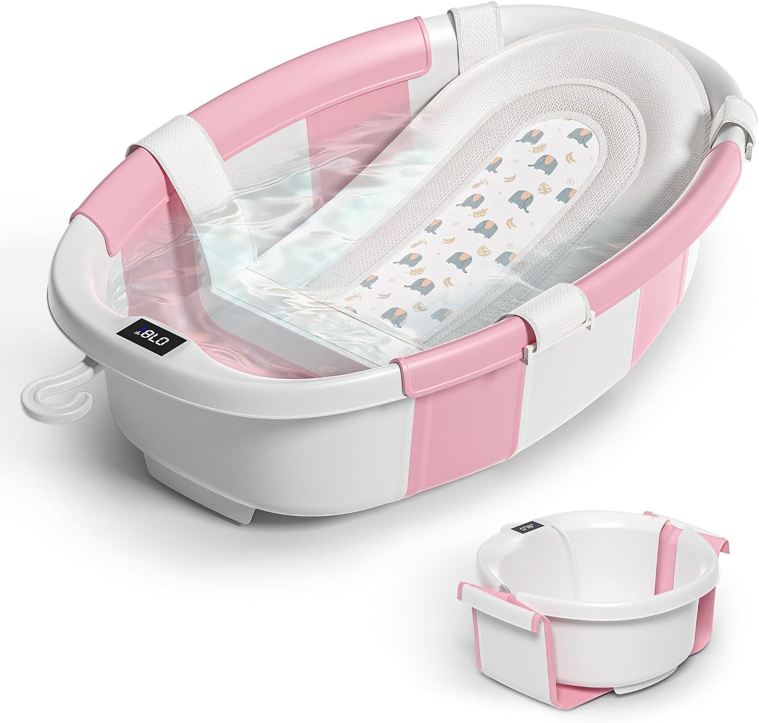 Collapsible Baby Bathtub 0-36 Months, Foldable with Thermometer, Cushion & Drain Hole (Pink)