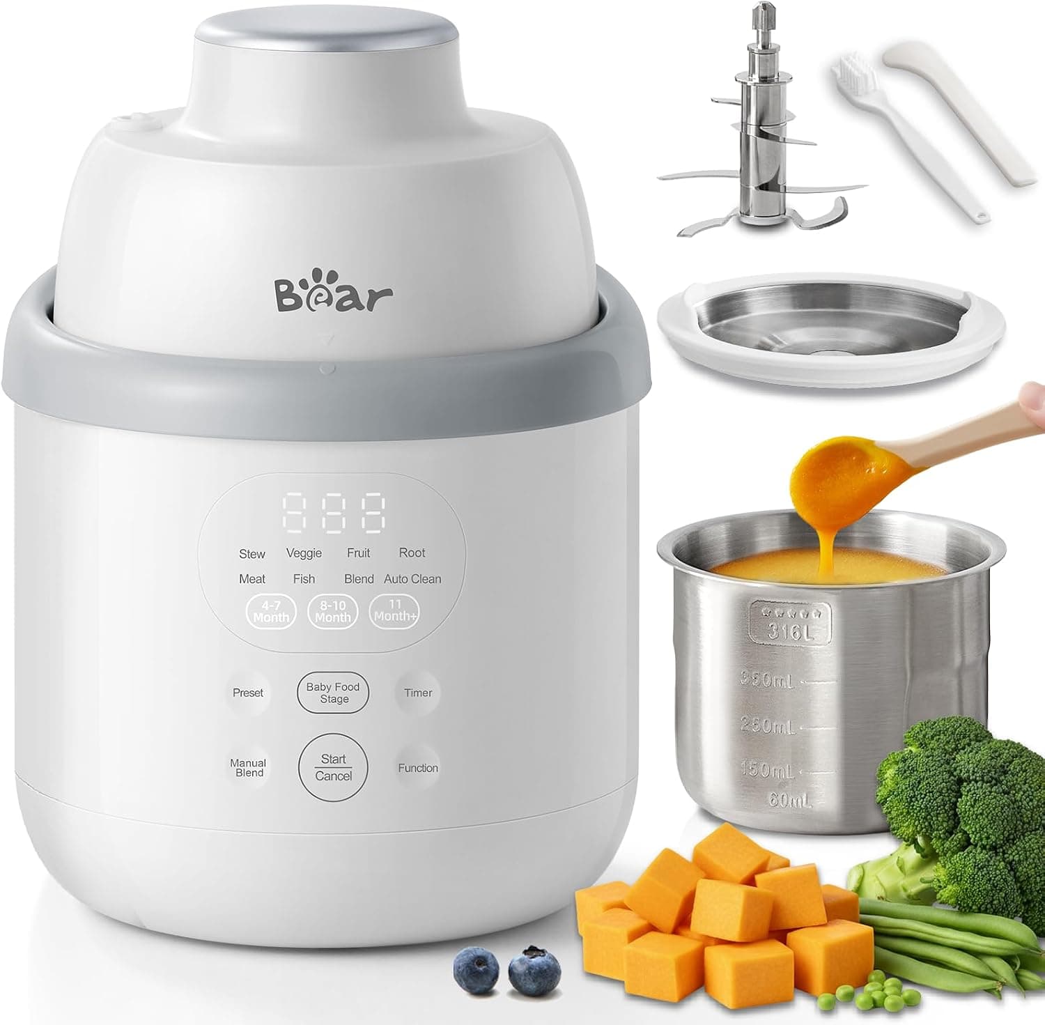 Bear NutriEase AllStage Stainless Steel Baby Food Maker Steamer and Blender, Auto Cooking & Grinding