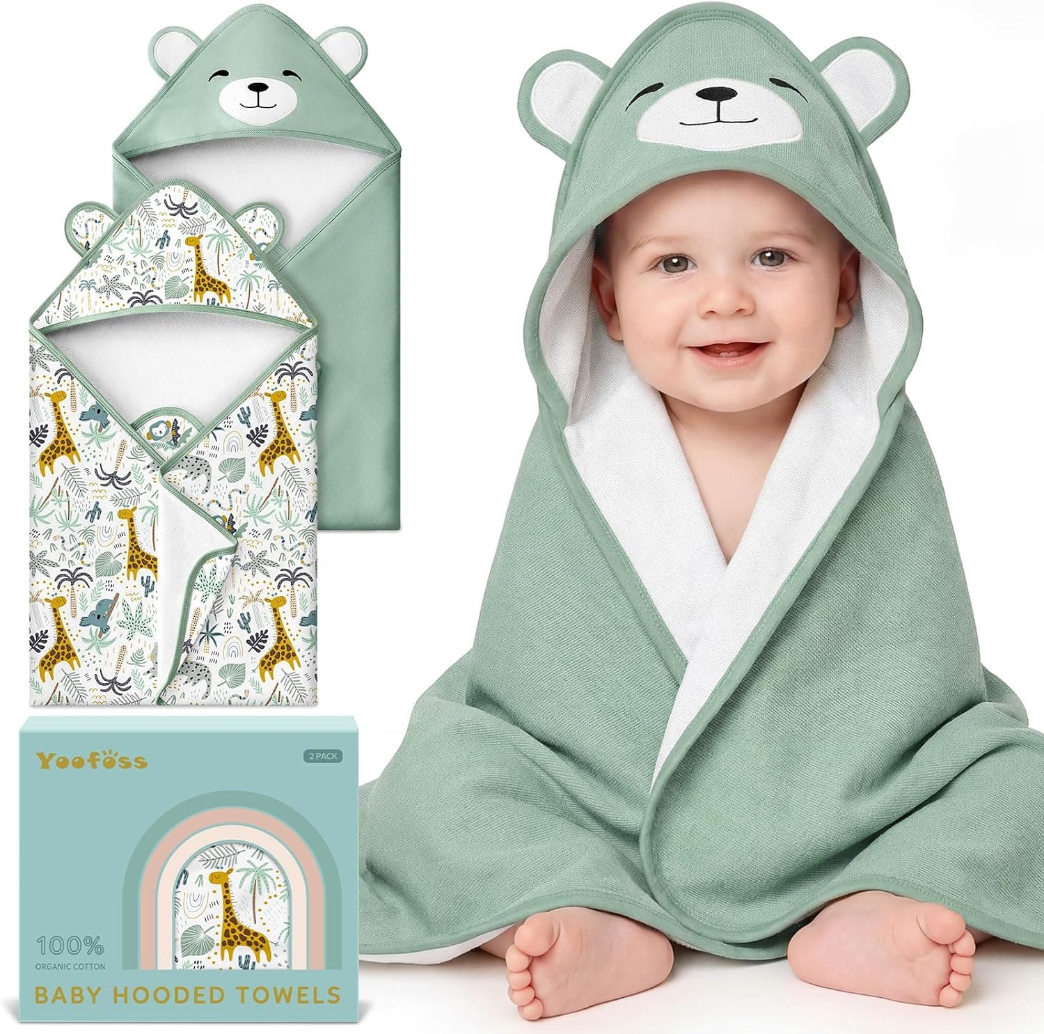 Yoofoss Hooded Baby Towels for Newborn, 100% Organic Cotton Baby Bath Towel with Hood for Babies, Infant, Toddler and Kids, 32x32 Inch, Soft and Absorbent