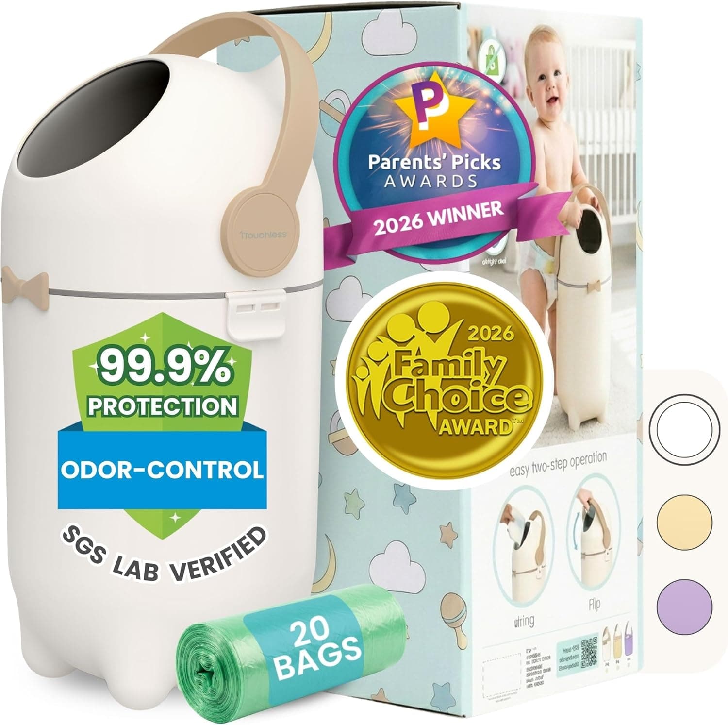 iTouchless Odor-Locking Diaper Pail, Ag+ Silver Ion Nursery Bin, Fits Any Bag, Includes 20 Bags (Boho White)