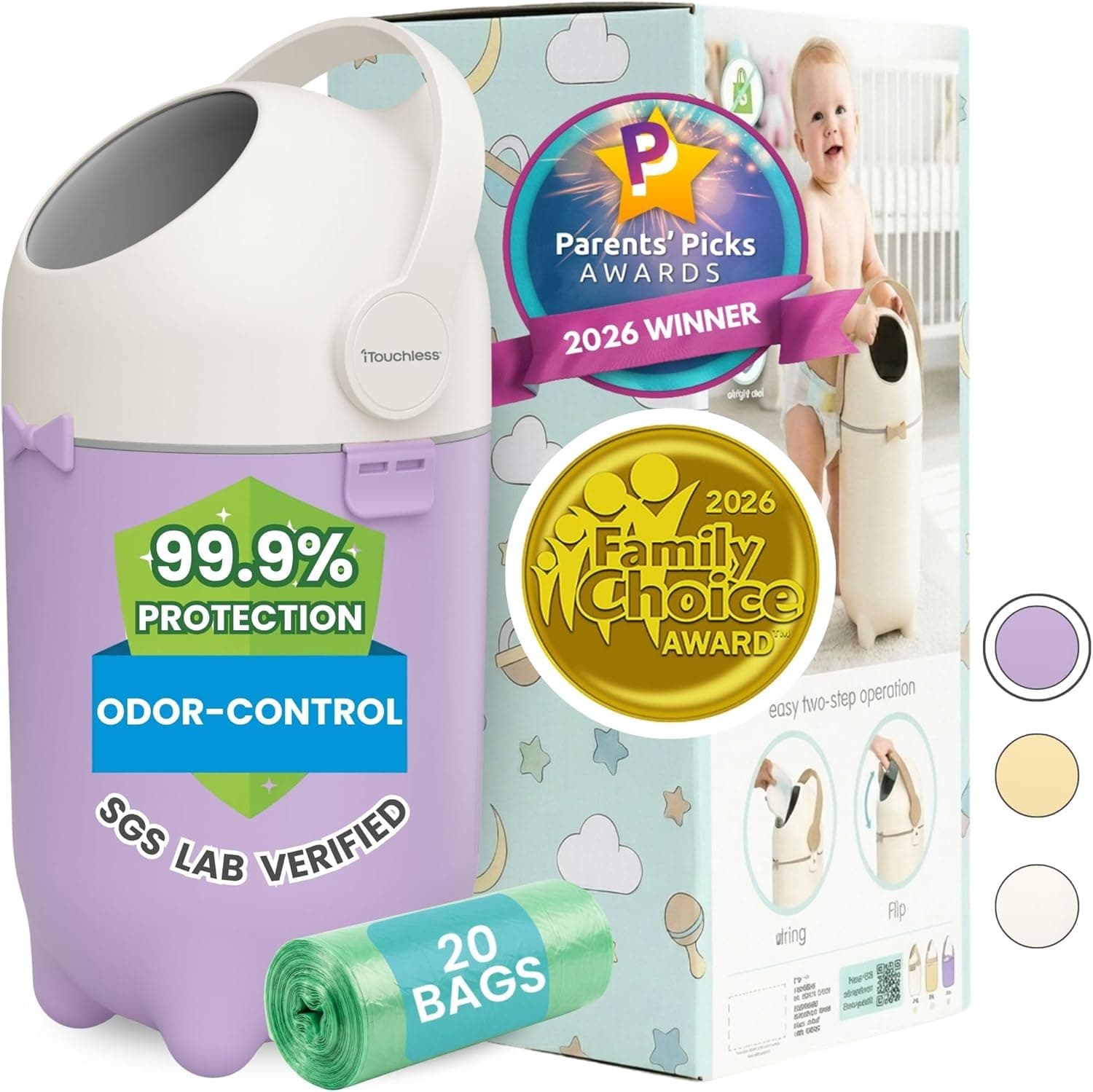 iTouchless Odor-Locking Diaper Pail, Ag+ Silver Ion Nursery Bin, Fits Any Bag (Lavender Orchid)