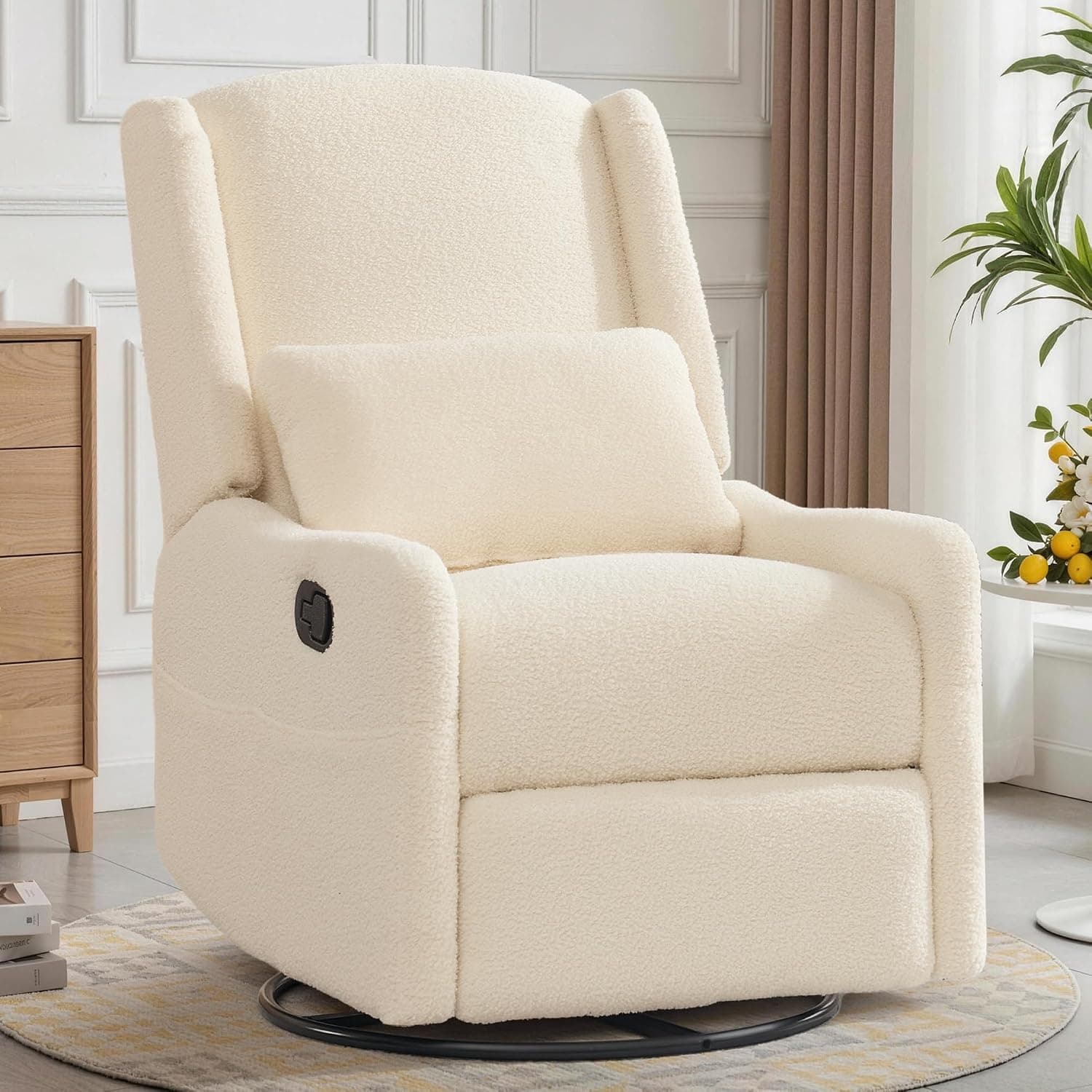 Korser Glider Recliner Rocking Chair, 360 Swivel Boucle Nursery Chair, Beige