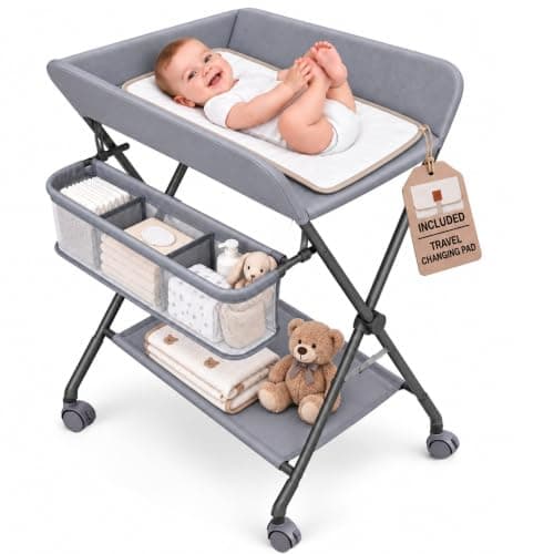 Baby Changing Table with Wheels, Portable Foldable Diaper Changing Station, Adjustable Height, Nursery Organizer with Storage Rack & Side Basket for Newborn and Infant