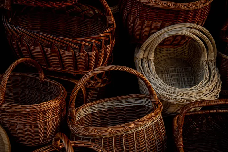 Beautifully arranged wicker and rattan baskets showcasing handmade craftsmanship