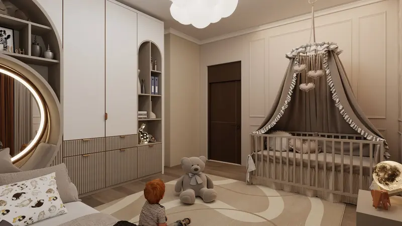 Elegant and warm nursery with modern decor, crib, canopy, and plush toys